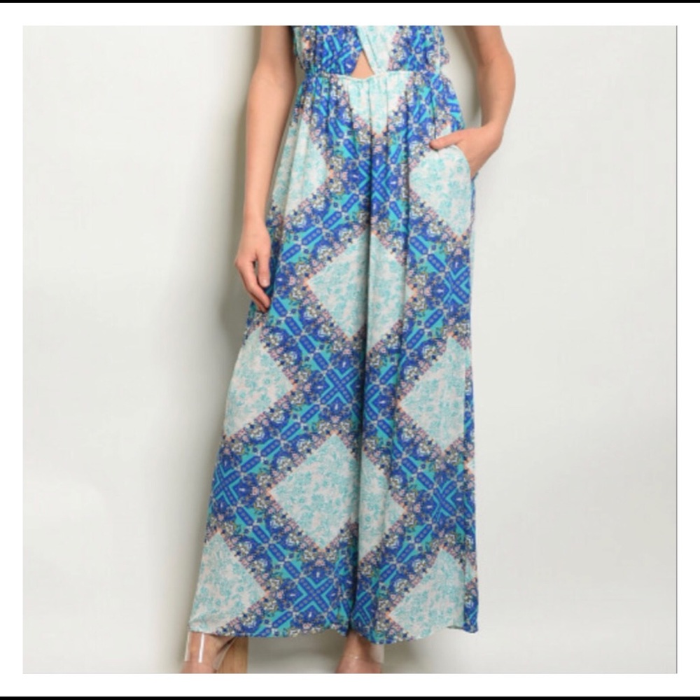 PALED TURQUOISE & ROYAL BLUE PRINT JUMPSUIT - Picture 3 of 6
